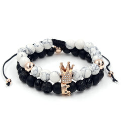 2PCS/Set Couple His Hers Lover Bracelets Sets Women Men's Distance Black White Beads CZ Crown King Charm Braiding Bracelet Sets