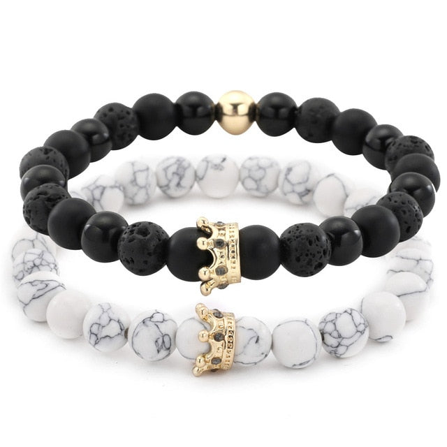 2PCS/Set Couple His Hers Lover Bracelets Sets Women Men's Distance Black White Beads CZ Crown King Charm Braiding Bracelet Sets