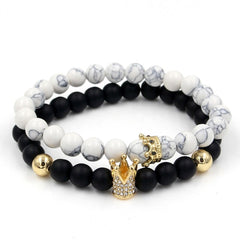 2PCS/Set Couple His Hers Lover Bracelets Sets Women Men's Distance Black White Beads CZ Crown King Charm Braiding Bracelet Sets