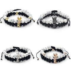 2PCS/Set Couple His Hers Lover Bracelets Sets Women Men's Distance Black White Beads CZ Crown King Charm Braiding Bracelet Sets