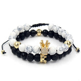 2PCS/Set Couple His Hers Lover Bracelets Sets Women Men's Distance Black White Beads CZ Crown King Charm Braiding Bracelet Sets