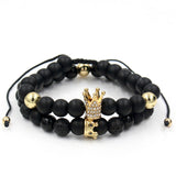 2PCS/Set Couple His Hers Lover Bracelets Sets Women Men's Distance Black White Beads CZ Crown King Charm Braiding Bracelet Sets