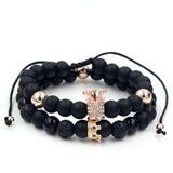 2PCS/Set Couple His Hers Lover Bracelets Sets Women Men's Distance Black White Beads CZ Crown King Charm Braiding Bracelet Sets