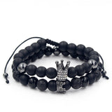 2PCS/Set Couple His Hers Lover Bracelets Sets Women Men's Distance Black White Beads CZ Crown King Charm Braiding Bracelet Sets