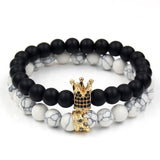 2PCS/Set Couple His Hers Lover Bracelets Sets Women Men's Distance Black White Beads CZ Crown King Charm Braiding Bracelet Sets