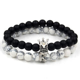 2PCS/Set Couple His Hers Lover Bracelets Sets Women Men's Distance Black White Beads CZ Crown King Charm Braiding Bracelet Sets