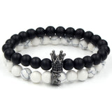 2PCS/Set Couple His Hers Lover Bracelets Sets Women Men's Distance Black White Beads CZ Crown King Charm Braiding Bracelet Sets