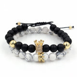 2PCS/Set Couple His Hers Lover Bracelets Sets Women Men's Distance Black White Beads CZ Crown King Charm Braiding Bracelet Sets