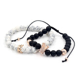 2PCS/Set Couple His Hers Lover Bracelets Sets Women Men's Distance Black White Beads CZ Crown King Charm Braiding Bracelet Sets