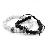 2PCS/Set Couple His Hers Lover Bracelets Sets Women Men's Distance Black White Beads CZ Crown King Charm Braiding Bracelet Sets