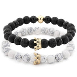 2PCS/Set Couple His Hers Lover Bracelets Sets Women Men's Distance Black White Beads CZ Crown King Charm Braiding Bracelet Sets