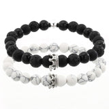 2PCS/Set Couple His Hers Lover Bracelets Sets Women Men's Distance Black White Beads CZ Crown King Charm Braiding Bracelet Sets