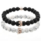 2PCS/Set Couple His Hers Lover Bracelets Sets Women Men's Distance Black White Beads CZ Crown King Charm Braiding Bracelet Sets