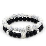 2PCS/Set Couple His Hers Lover Bracelets Sets Women Men's Distance Black White Beads CZ Crown King Charm Braiding Bracelet Sets