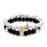 2PCS/Set Couple His Hers Lover Bracelets Sets Women Men's Distance Black White Beads CZ Crown King Charm Braiding Bracelet Sets
