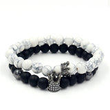 2PCS/Set Couple His Hers Lover Bracelets Sets Women Men's Distance Black White Beads CZ Crown King Charm Braiding Bracelet Sets